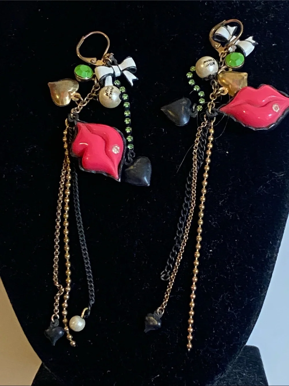 Playful Pink Lip Drop Earrings with Green Accents